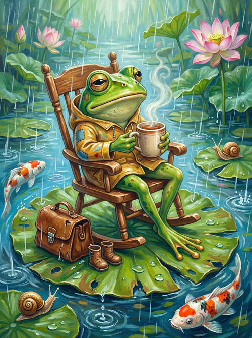 Rainy Reading Frog Lotus (Diamond Painting)