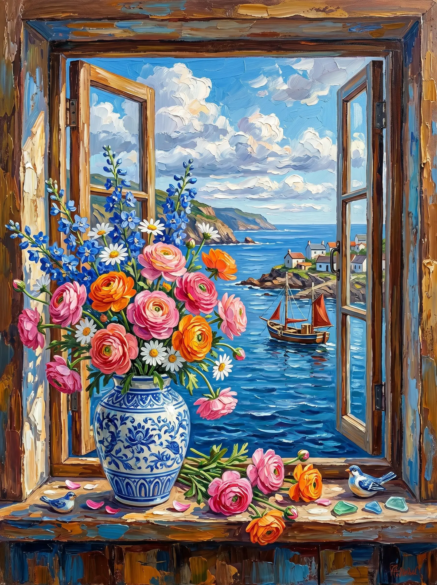 Ranunculus Daisy Vase Harbor Window (Diamond Painting)
