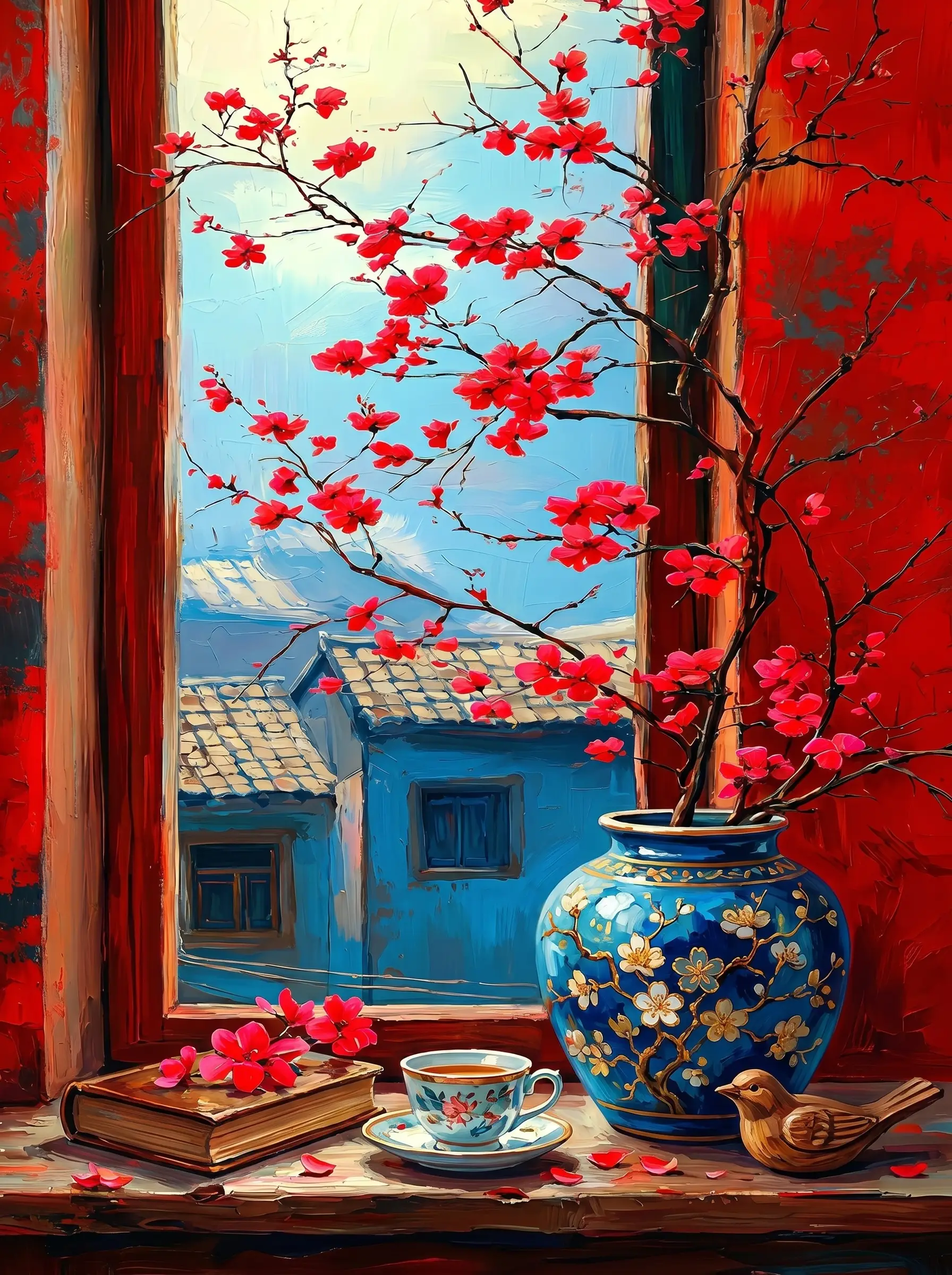 Red Blossom Window Vase (Diamond Painting)