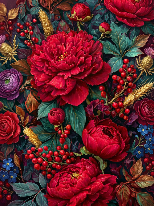 Red Peony Berries Arrangement (Diamond Painting)