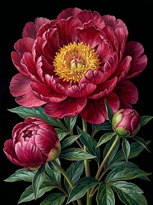 Red Peony Bloom Black (Diamond Painting)