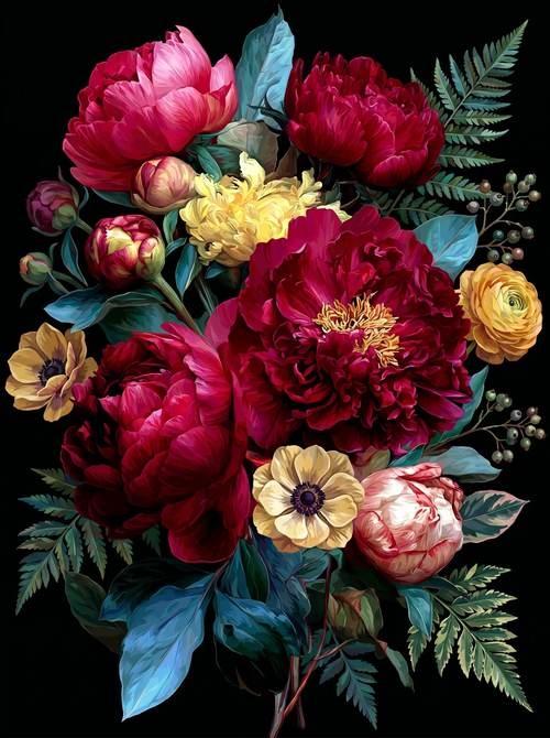 Red Peony Bouquet Dark (Diamond Painting)