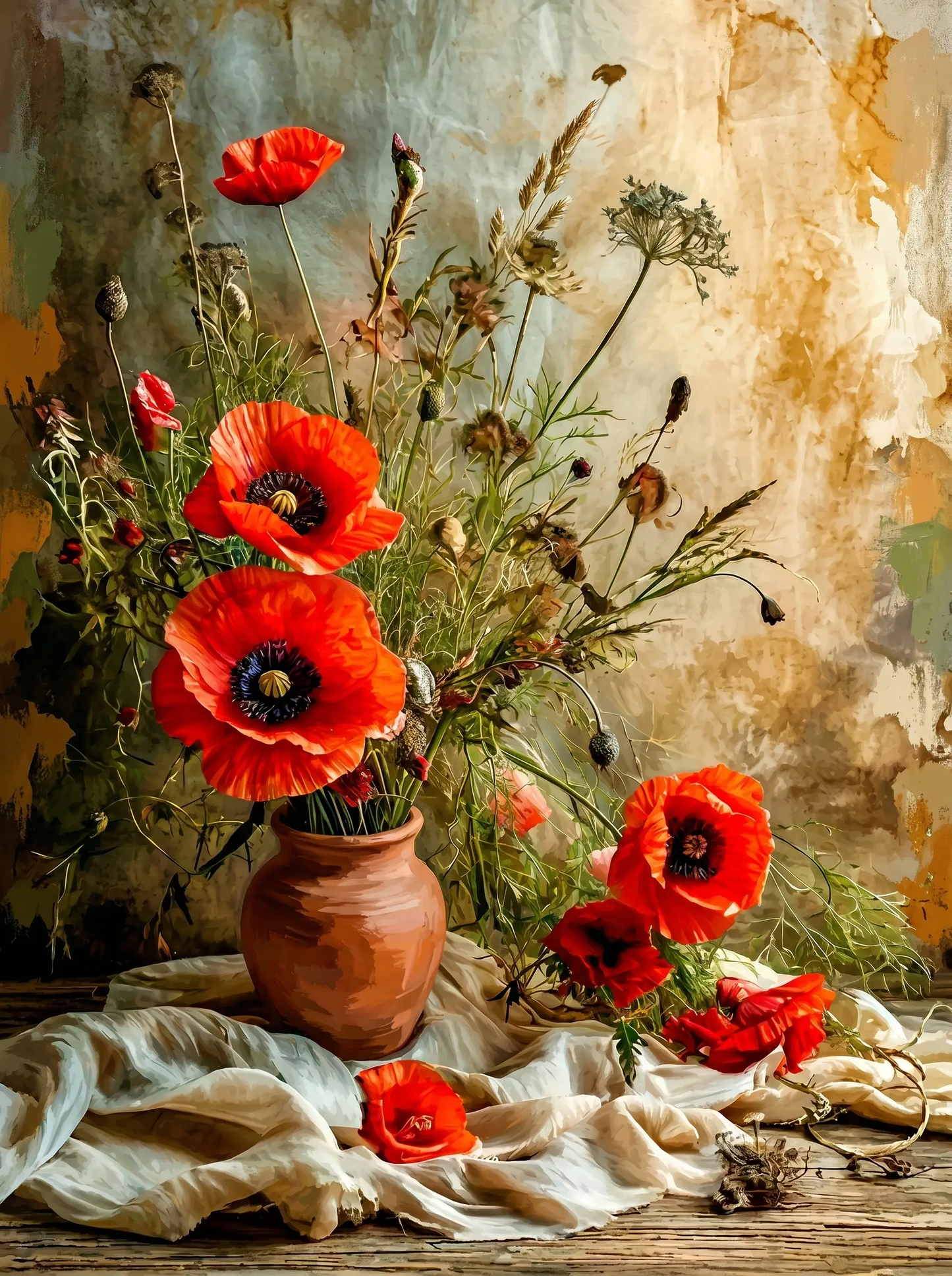 Red Poppy Clay Vase (Diamond Painting)