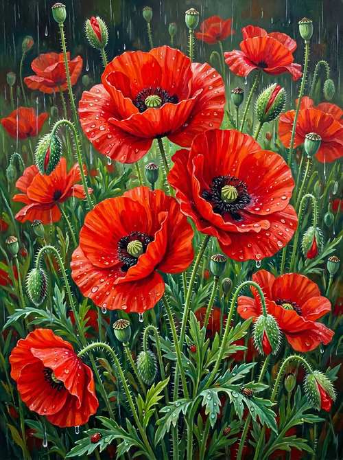 Red Poppy Field Rain (Diamond Painting)
