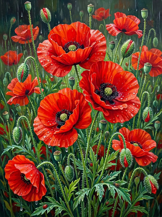 Red Poppy Field Rain (Diamond Painting) Diamond Painting kit