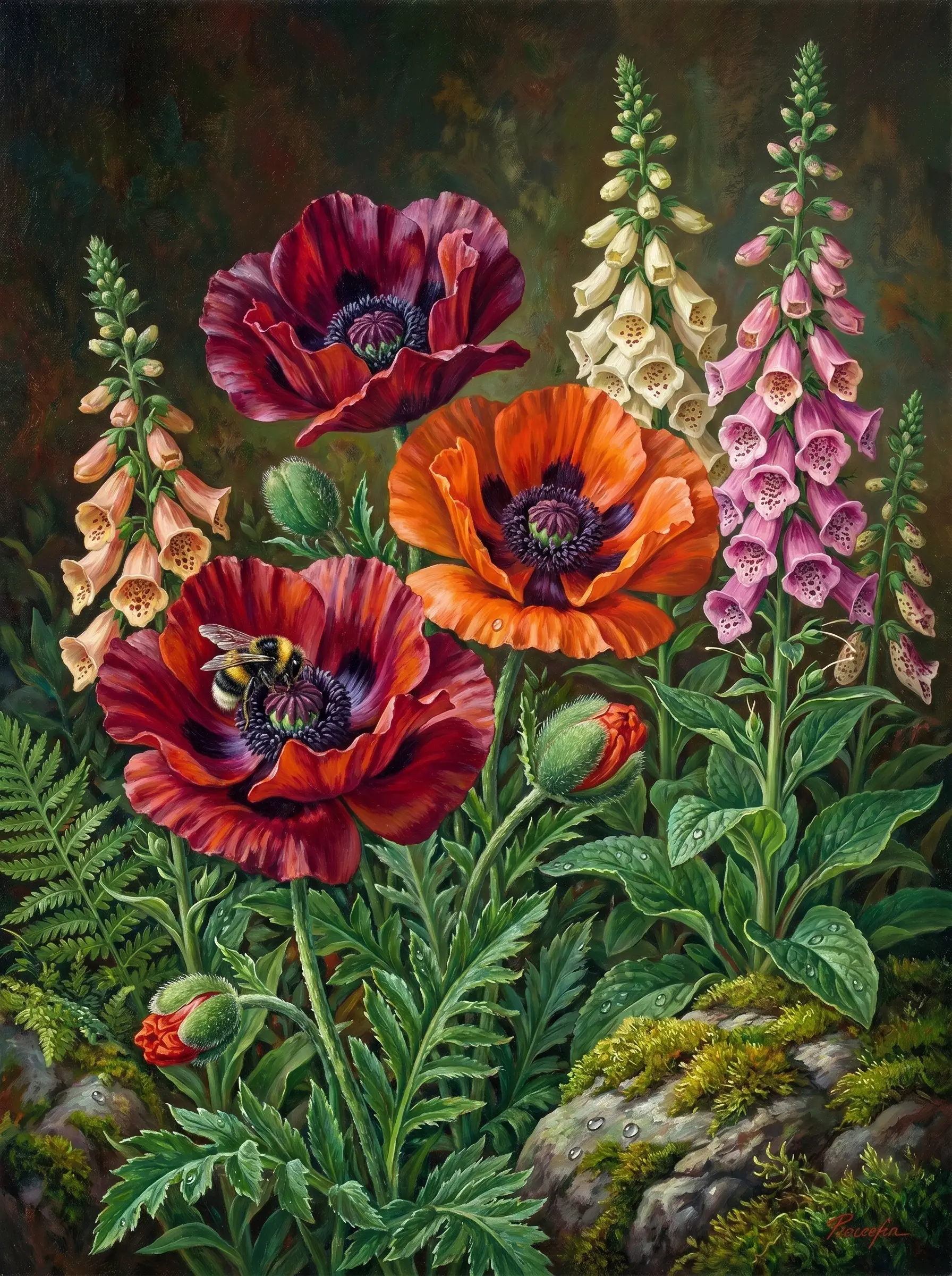 Red Poppy Foxglove Bee (Diamond Painting)