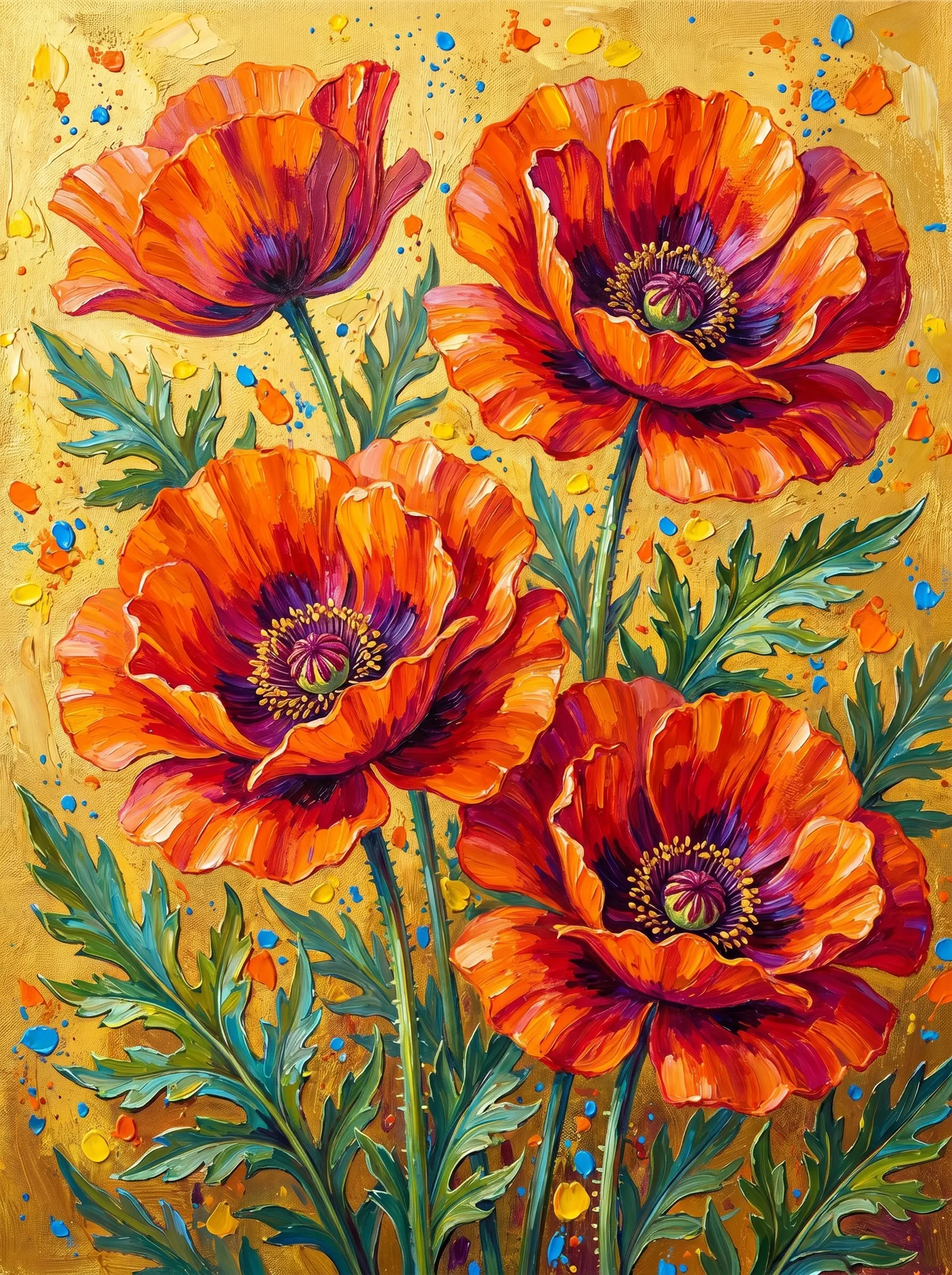 Red Poppy Golden Background (Diamond Painting)