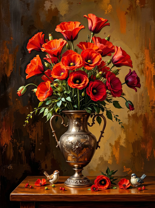 Red Poppy Silver Vase Sparrows (Diamond Painting) Diamond Painting kit