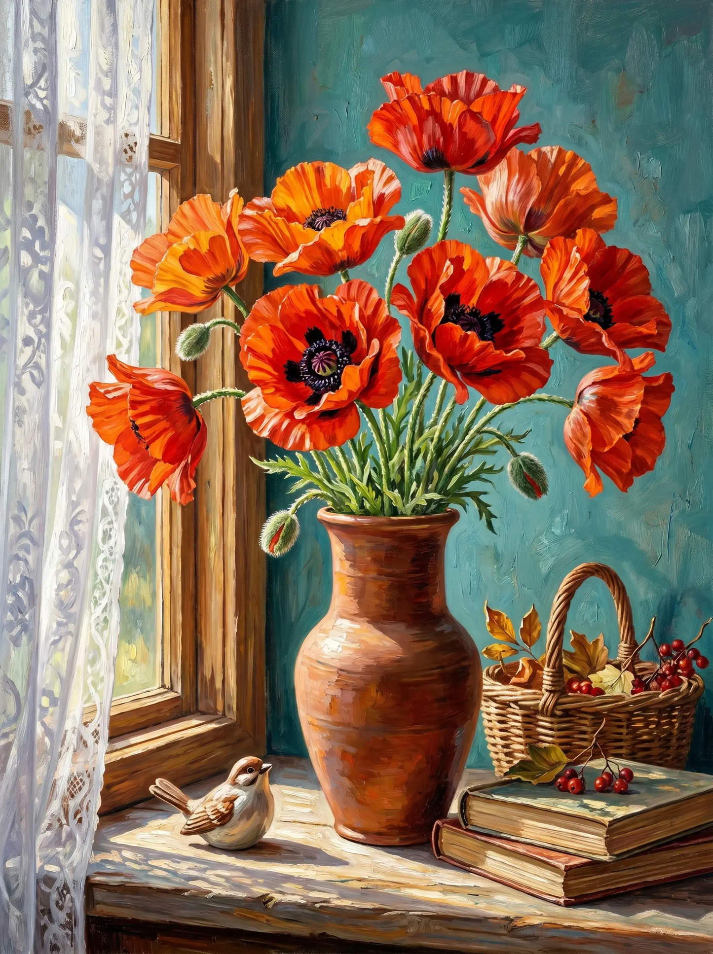 Red Poppy Terracotta Vase Window (Diamond Painting)