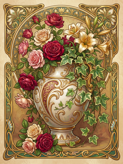 Red Rose Ivy Vase Panel (80 Colors)