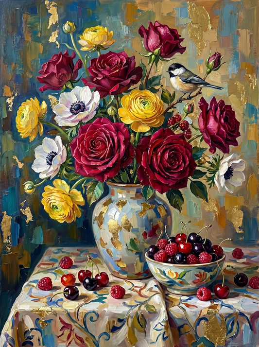 Red Rose Ranunculus Vase Cherries (Diamond Painting)