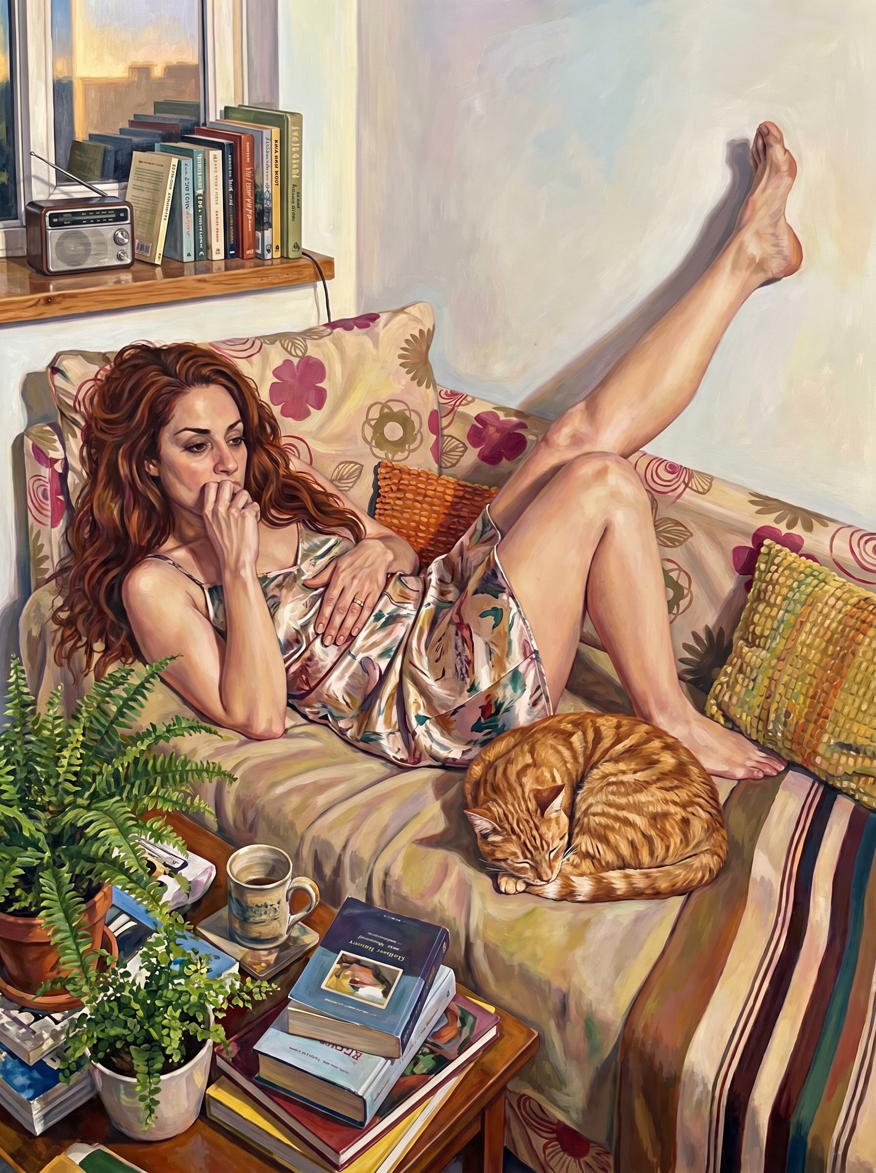Redhead Lounging With Cat (150 Color Diamond Painting)