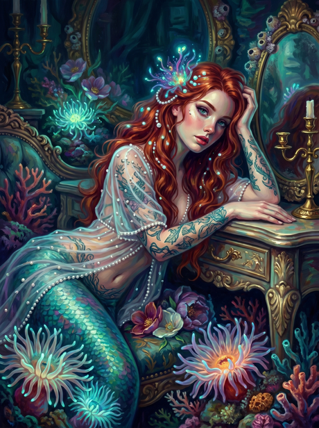 Redhead Mermaid Vanity Anemones (150 Color Diamond Painting) Diamond Painting kit
