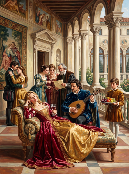 Renaissance Balcony Romance (150 Color Diamond Painting)