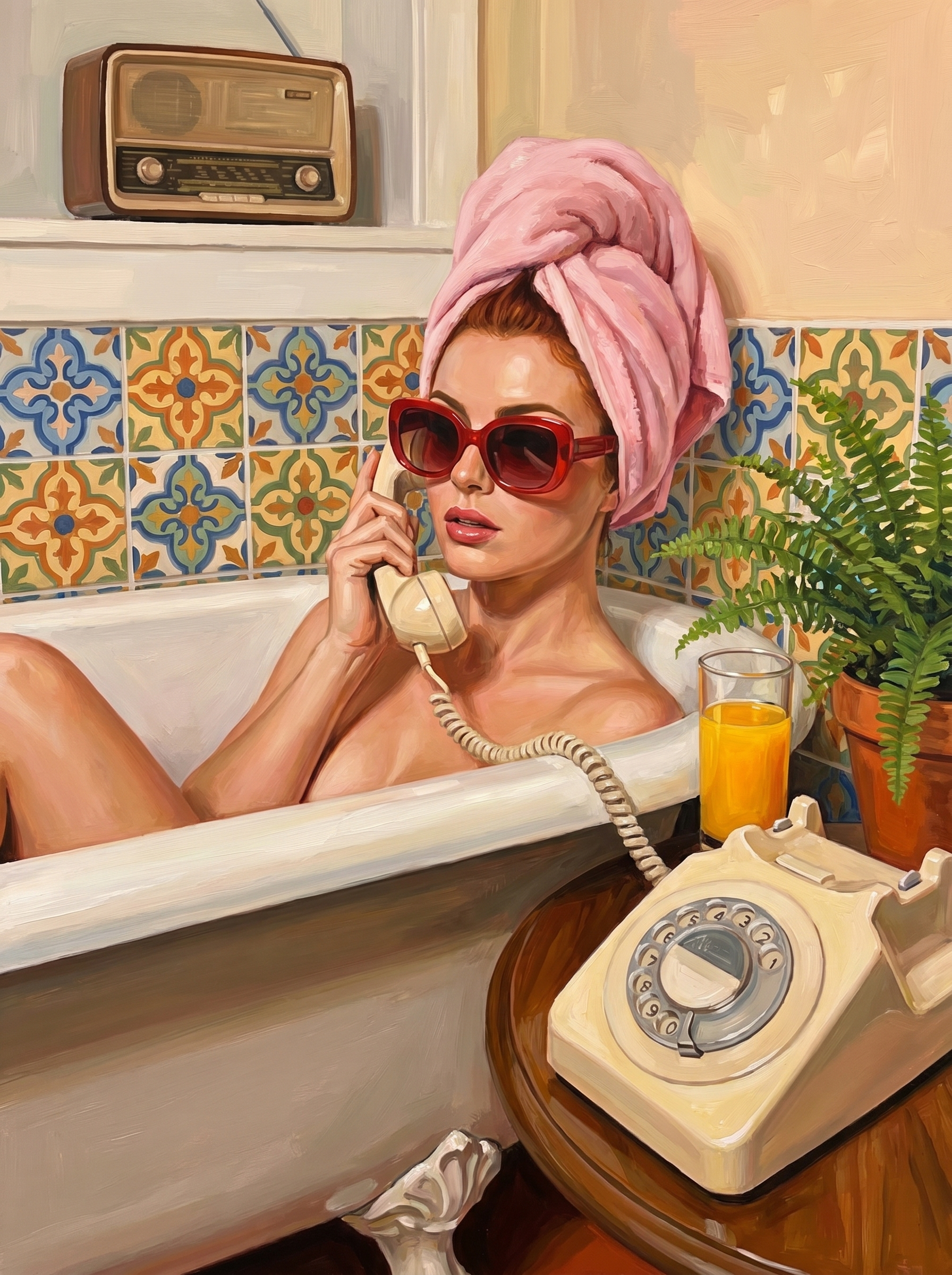 Retro Bathtub Phone Call (Diamond Painting) Diamond Painting kit