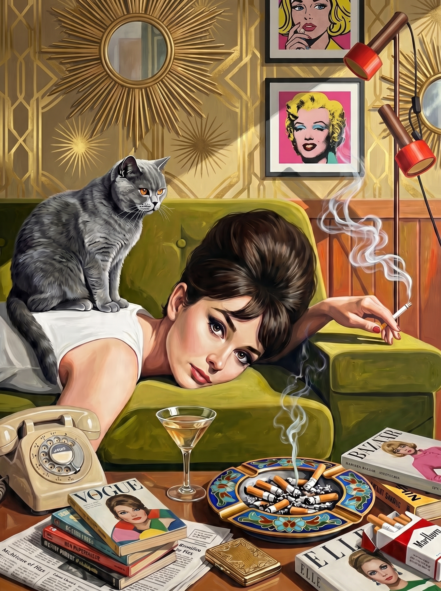 Retro Pinup With Cat (150 Color Diamond Painting)