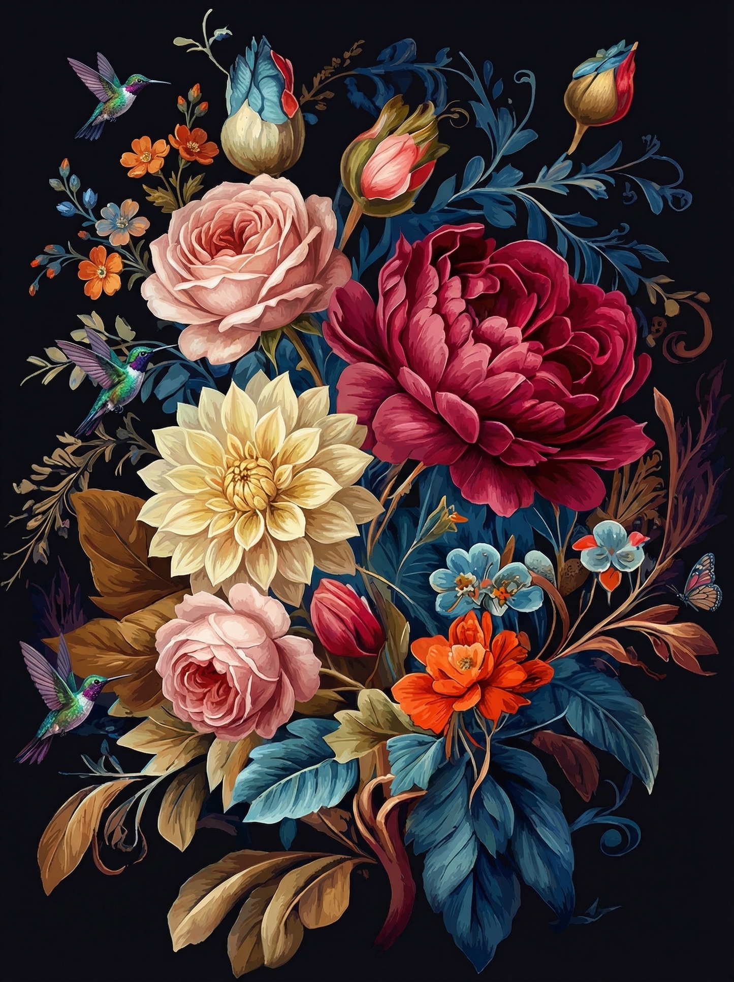 Romantic Floral With Hummingbird (100 Color Diamond Painting)