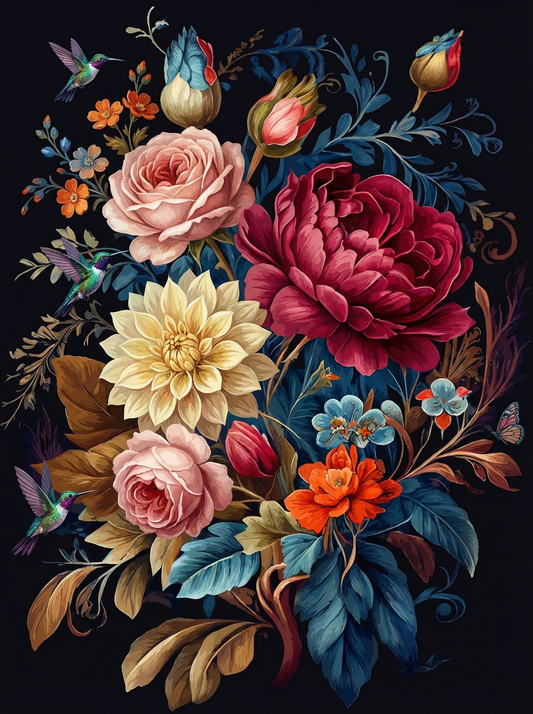 Romantic Floral With Hummingbird (100 Color Diamond Painting)