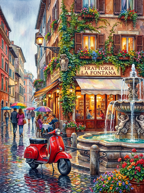 Rome Rainy Cafe Fountain Watercolor (150 Color Diamond Painting)
