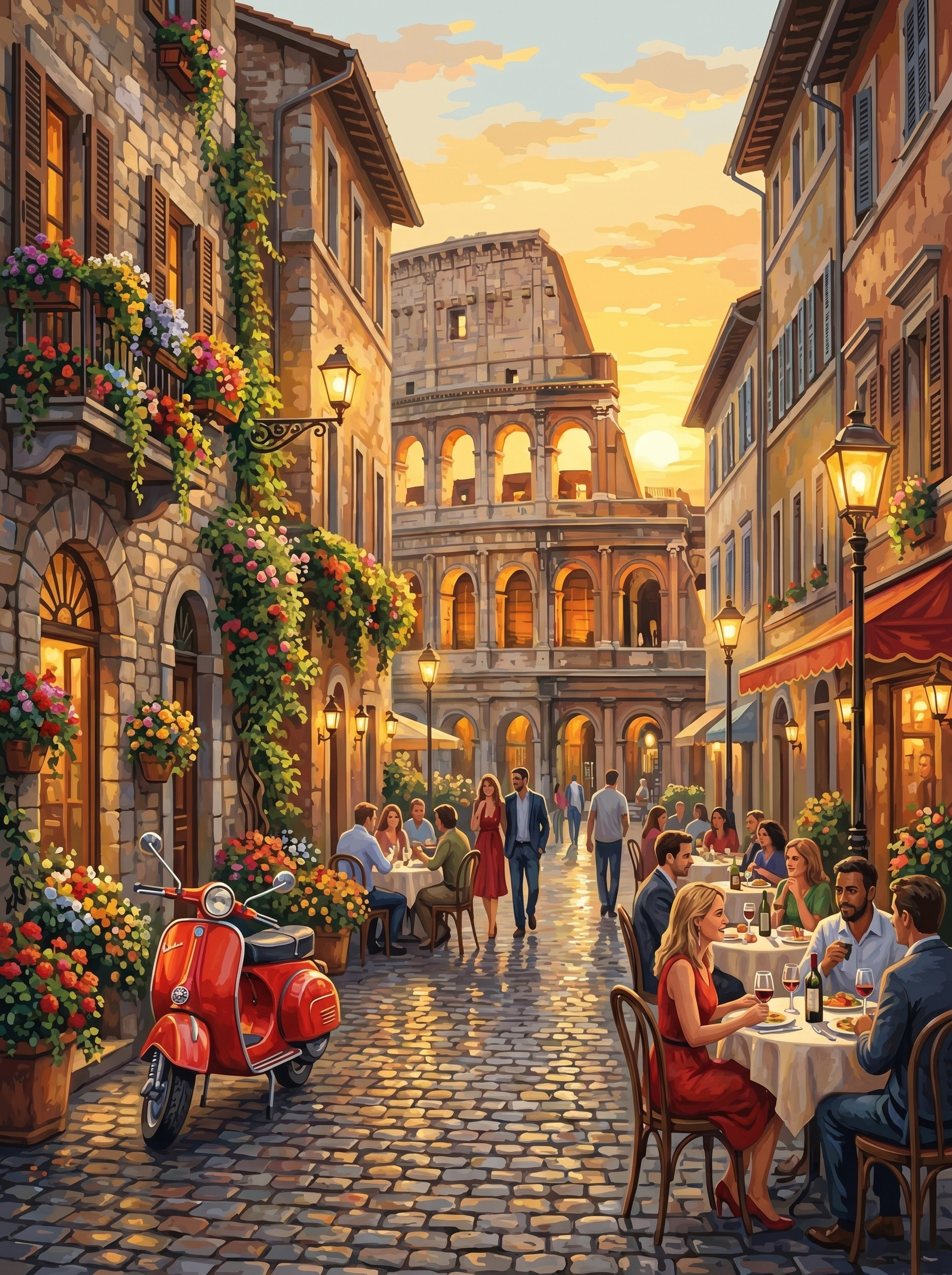Rome Street Cafe Evening (150 Color Diamond Painting)