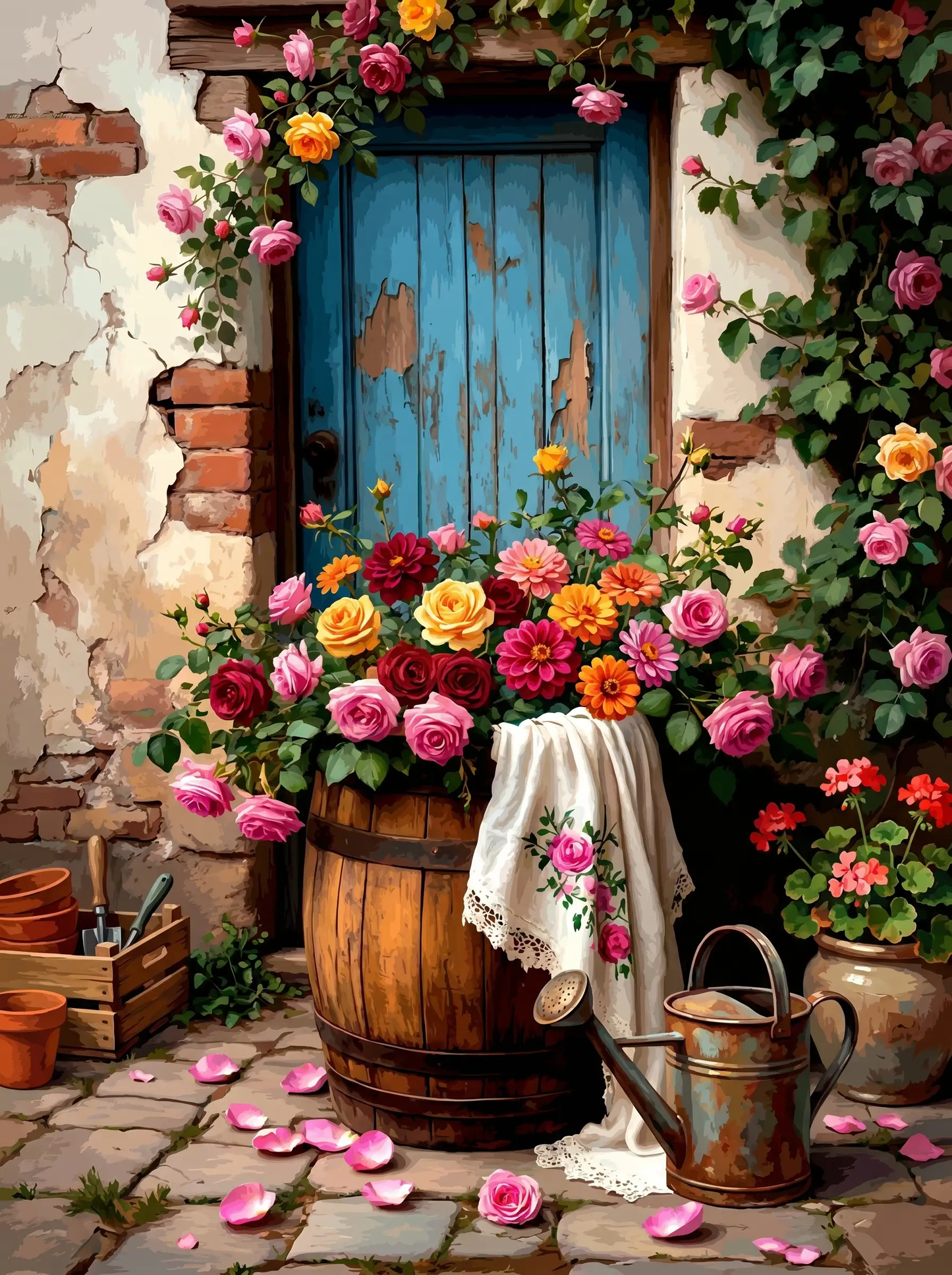 Rose Barrel Blue Door Cottage (Diamond Painting)