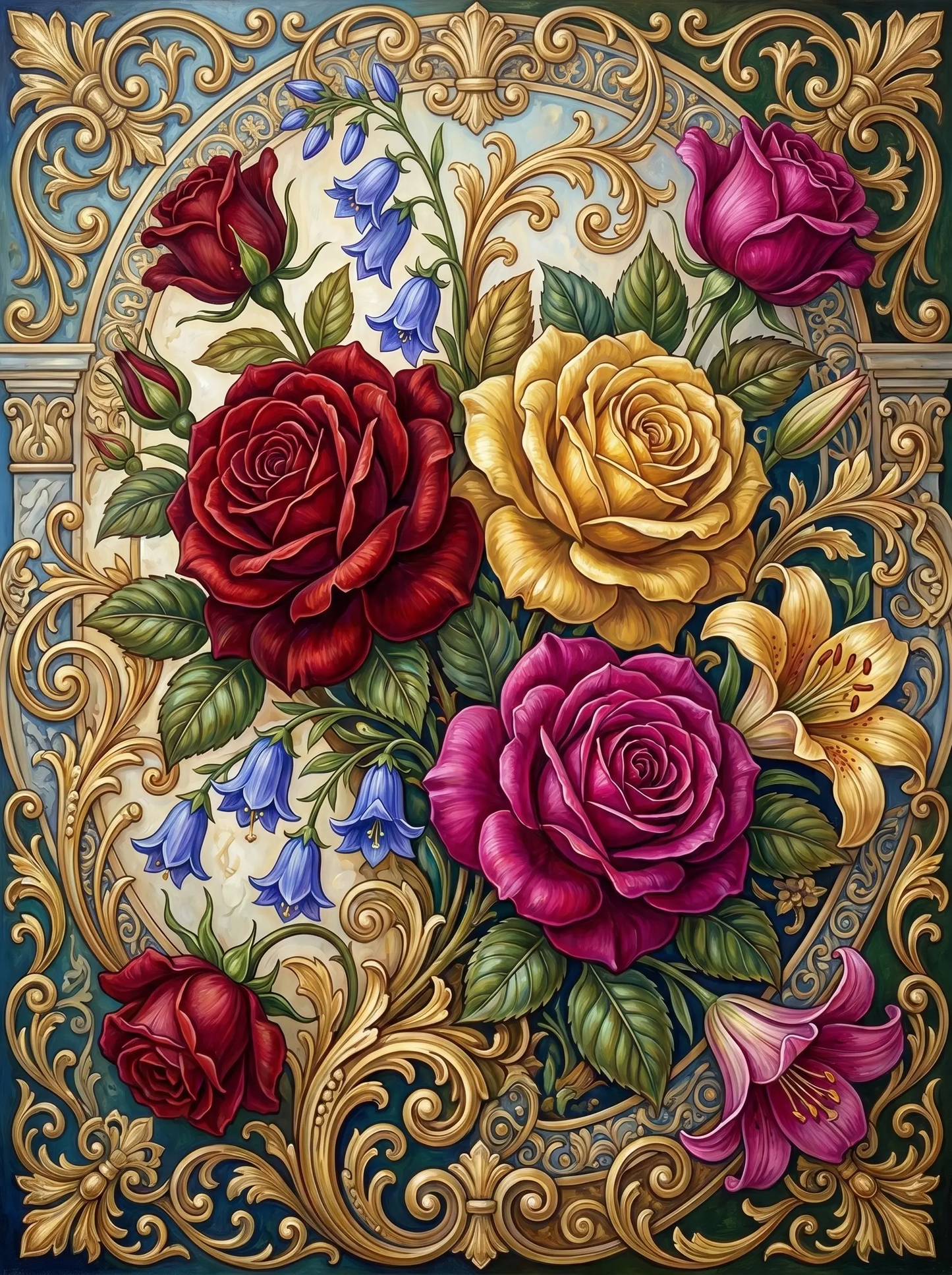 Rose Bluebell Gilded Medallion (Diamond Painting)