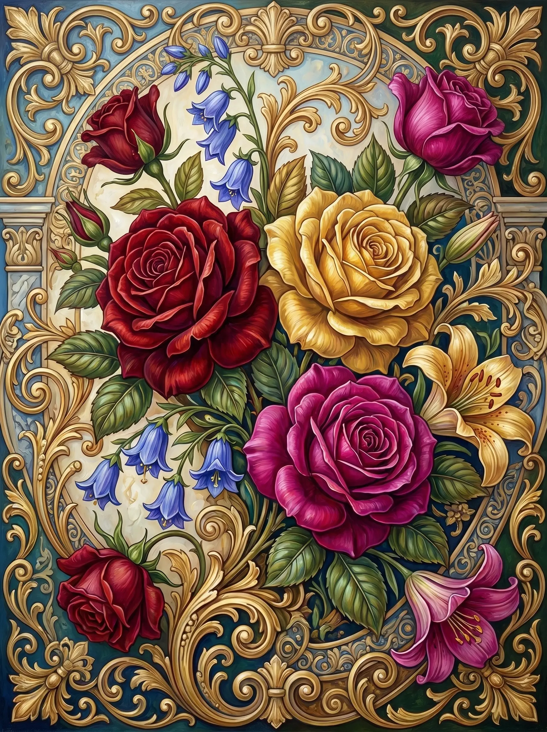 Rose Bluebell Gilded Medallion (Diamond Painting)