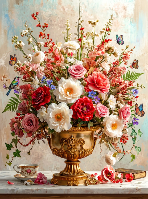 Rose Bouquet Gold Compote Butterflies (Diamond Painting)