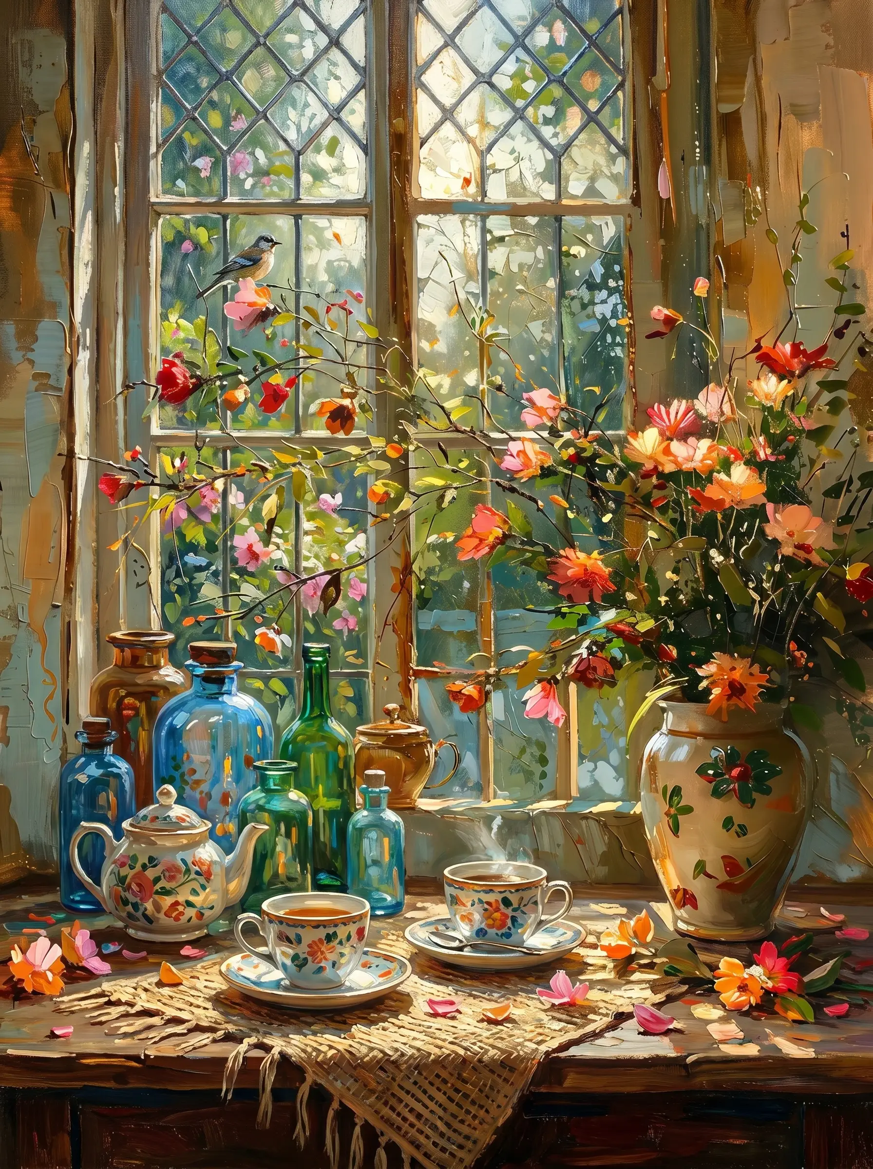Rose Branch Windowsill Teapot (Diamond Painting)