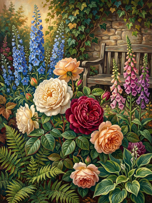 Rose Cottage Garden Bench (Diamond Painting)