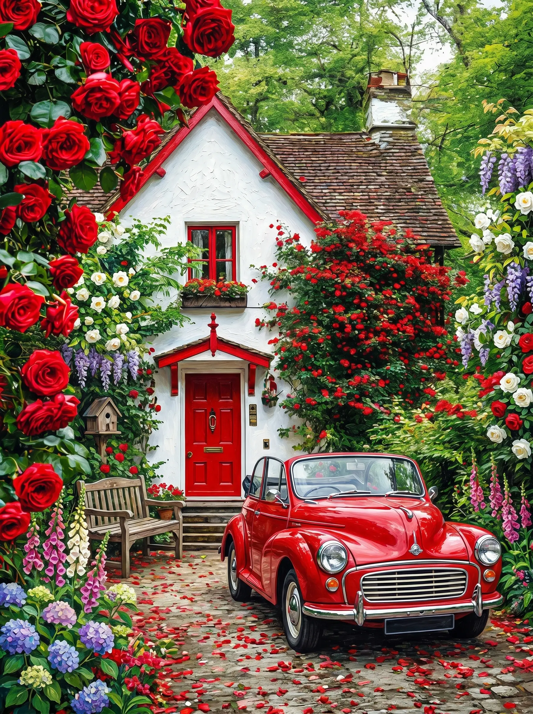 Rose Cottage Red Car (Diamond Painting)