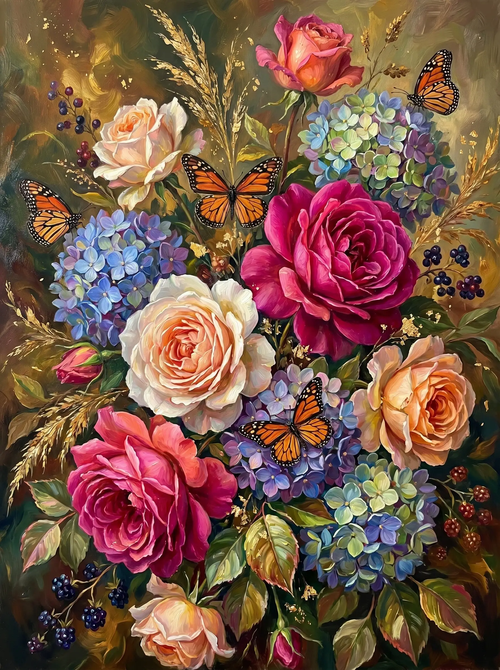 Rose Hydrangea Butterfly Bouquet (Diamond Painting)