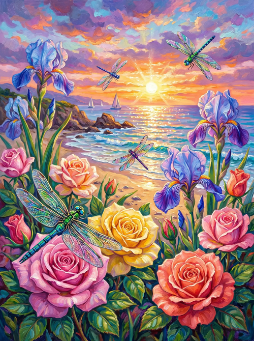 Rose Iris Beach Dragonfly (Diamond Painting)