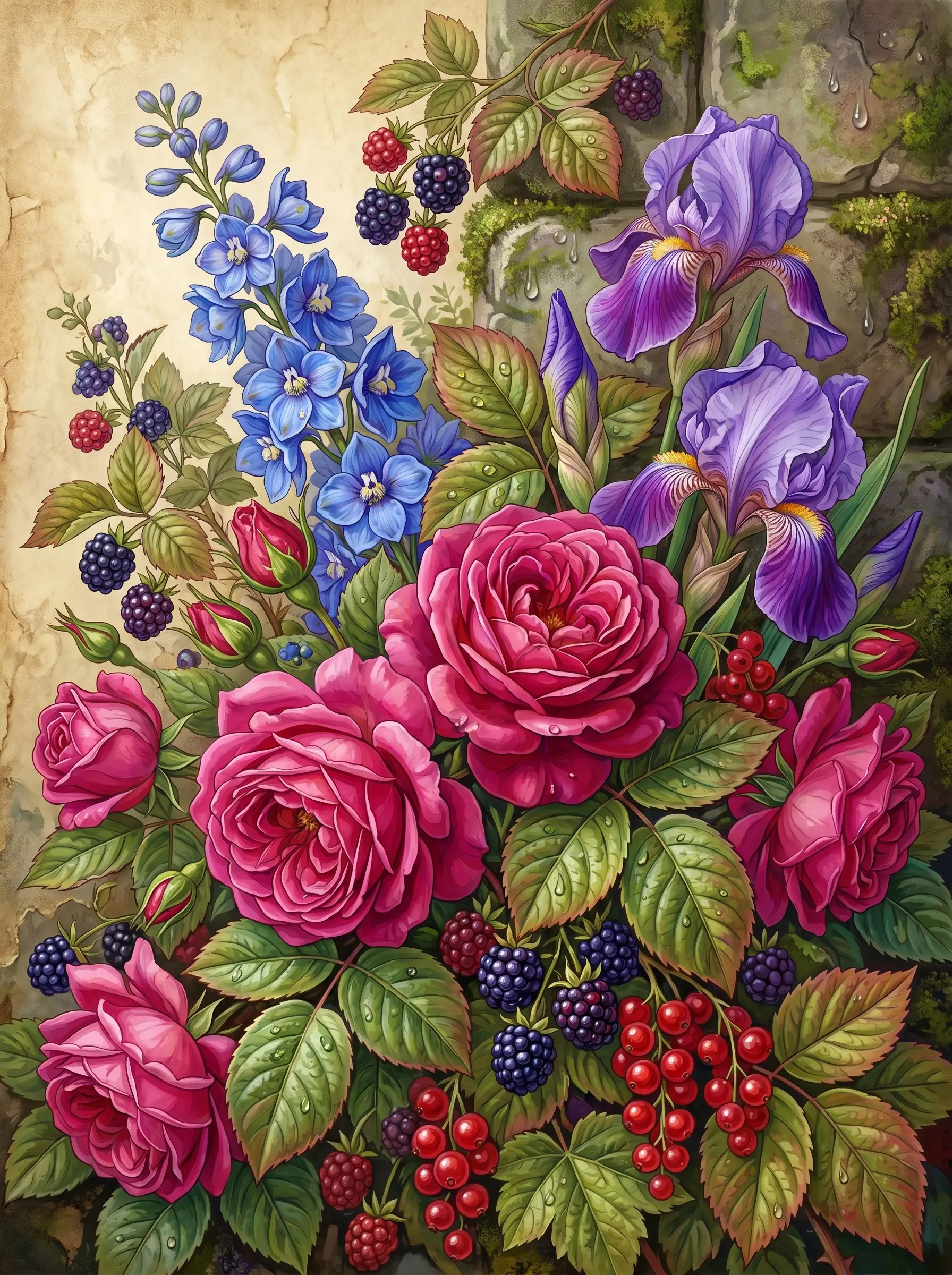 Rose Iris Berry Bouquet (Diamond Painting)