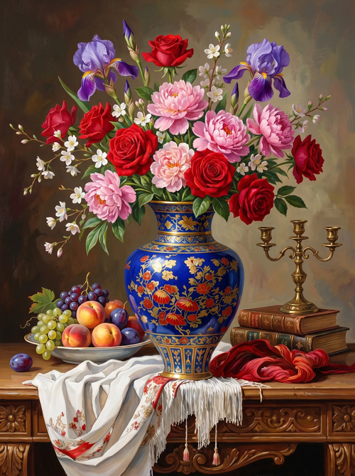 Rose Iris Blue Vase Still Life (Diamond Painting)
