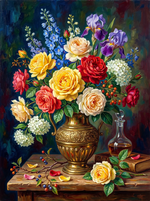 Rose Iris Brass Vase Still Life (Diamond Painting)