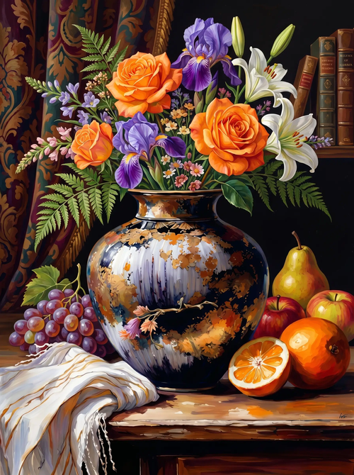 Rose Iris Lily Marble Vase (Diamond Painting)