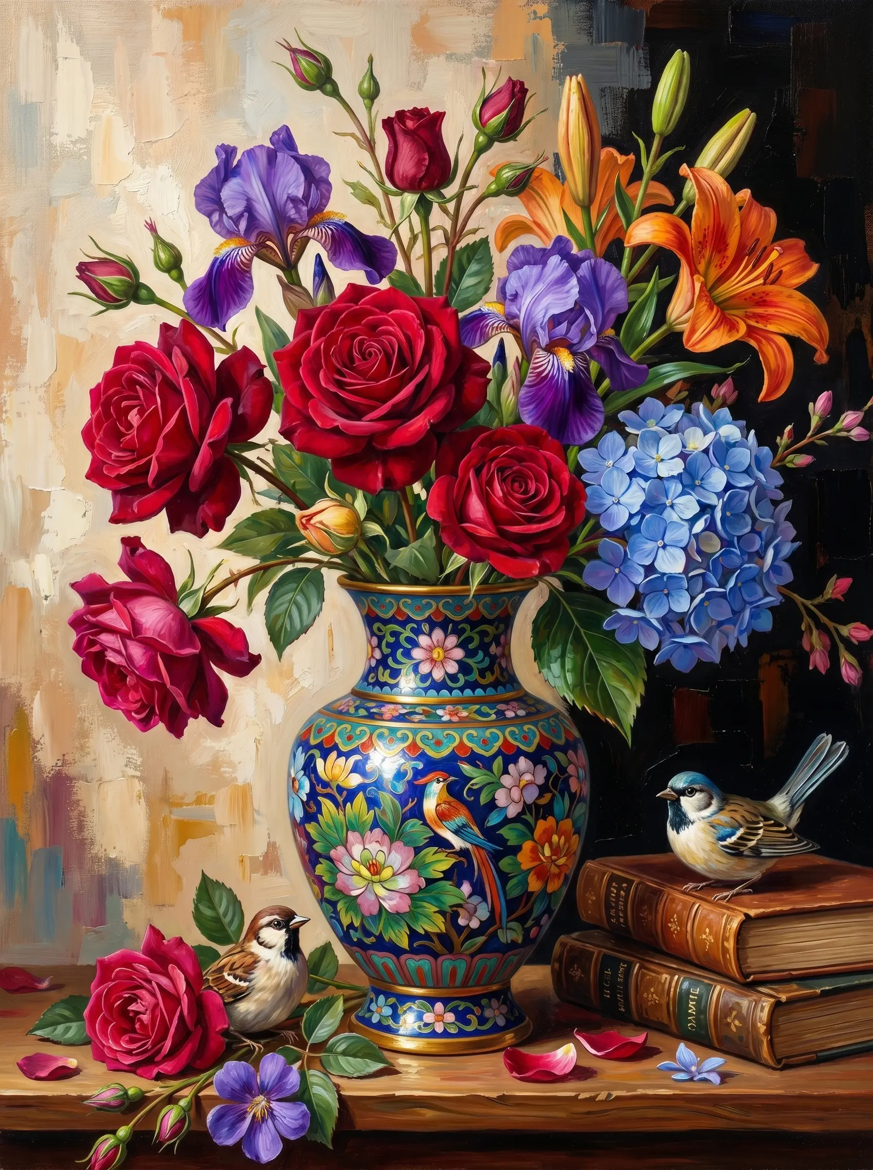Rose Iris Lily Vase Birds (Diamond Painting)