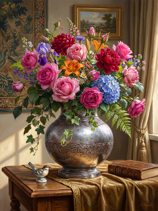 Rose Peony Hydrangea Silver Vase (Diamond Painting)