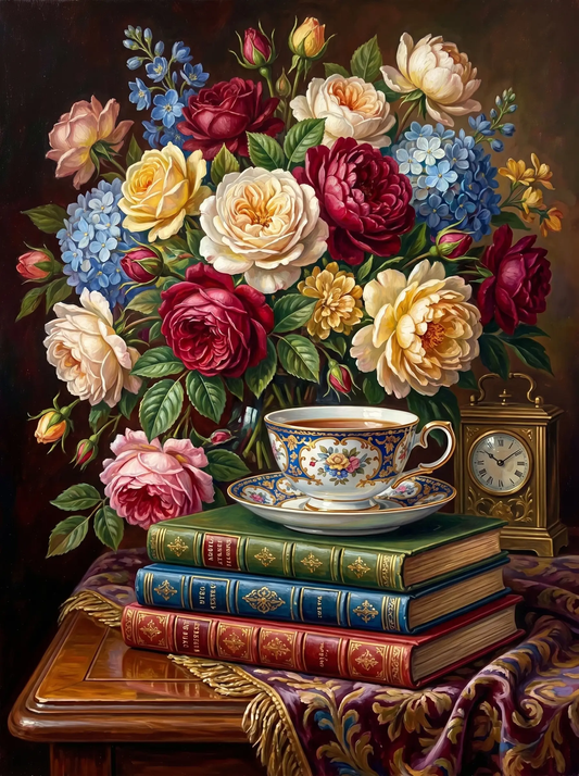 Rose Peony Teacup Clock Still Life (Diamond Painting)