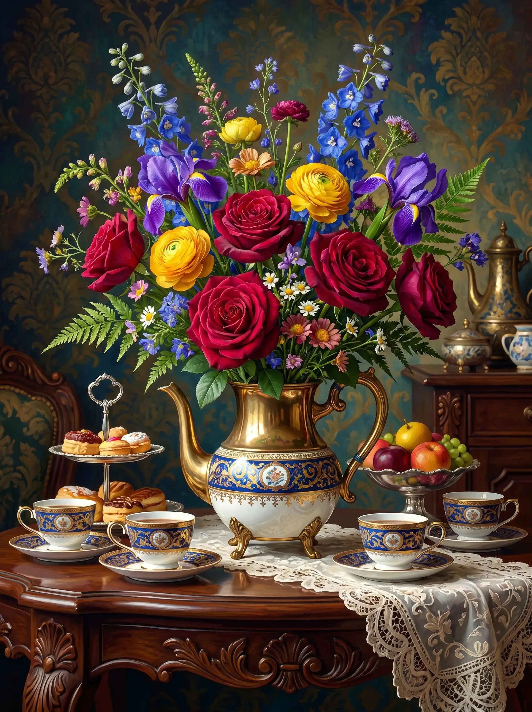 Rose Ranunculus Teapot Still Life (Diamond Painting)