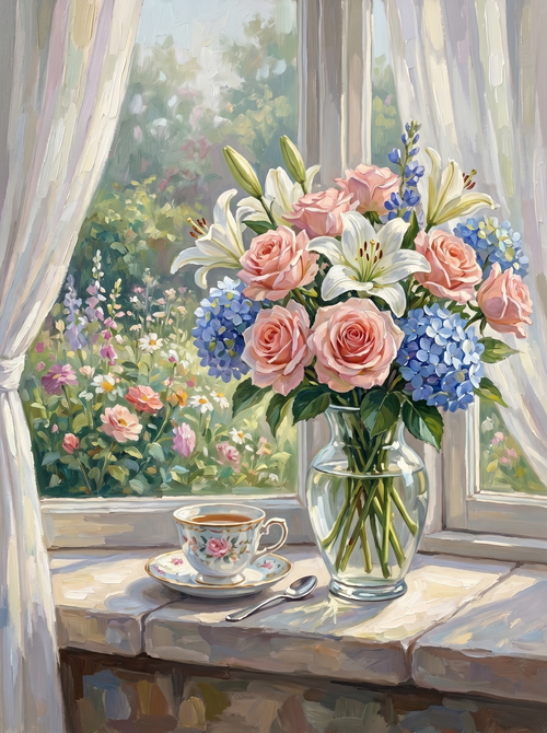 Roses Lilies Hydrangea Windowsill (Diamond Painting)