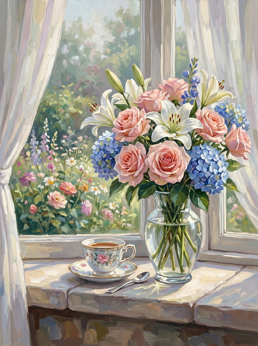 Roses Lilies Hydrangea Windowsill (Diamond Painting)