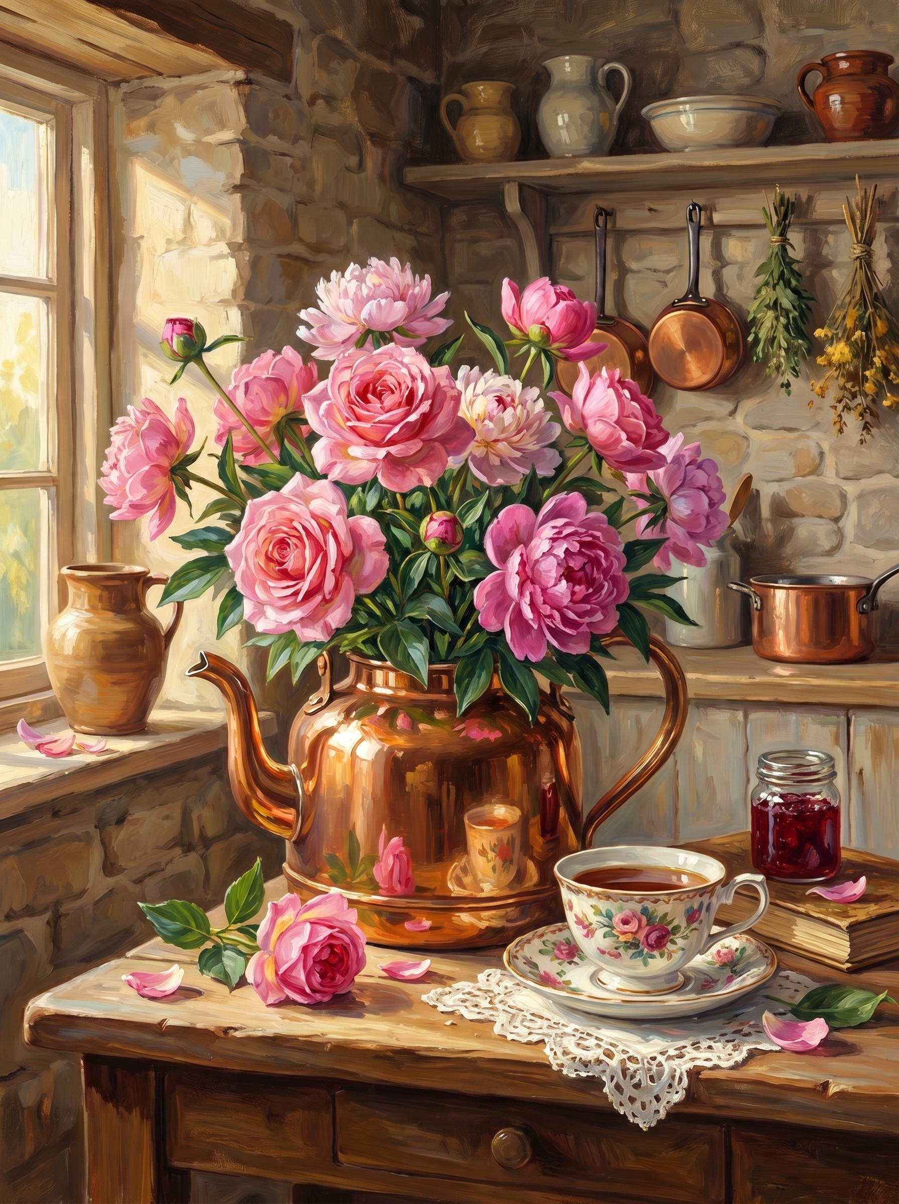 Roses Peonies Copper Kettle (Diamond Painting)