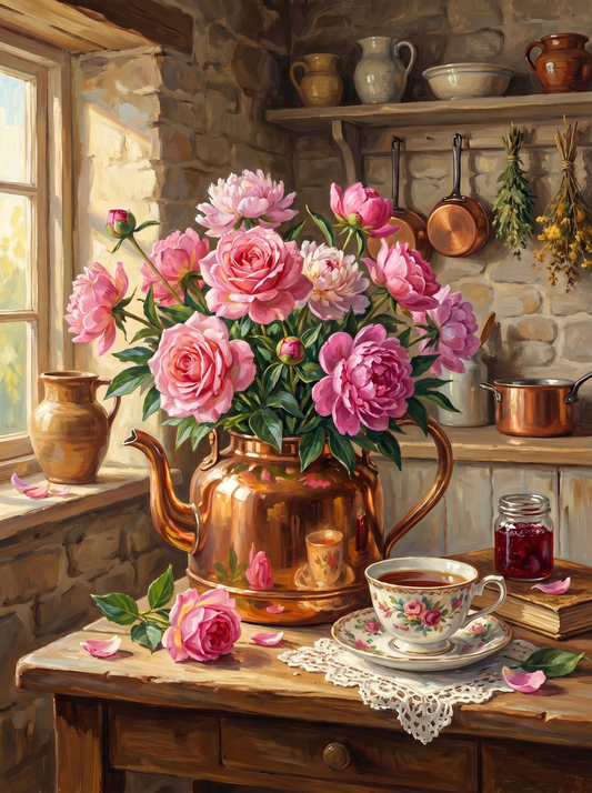 Roses Peonies Copper Kettle (Diamond Painting)