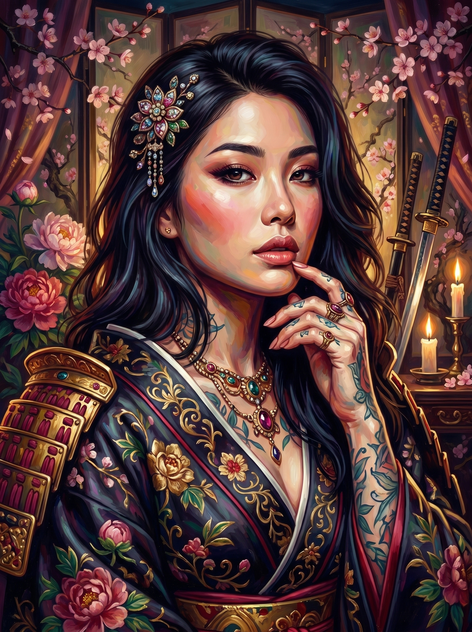 Samurai Woman Cherry Blossom Katana (150 Color Diamond Painting)