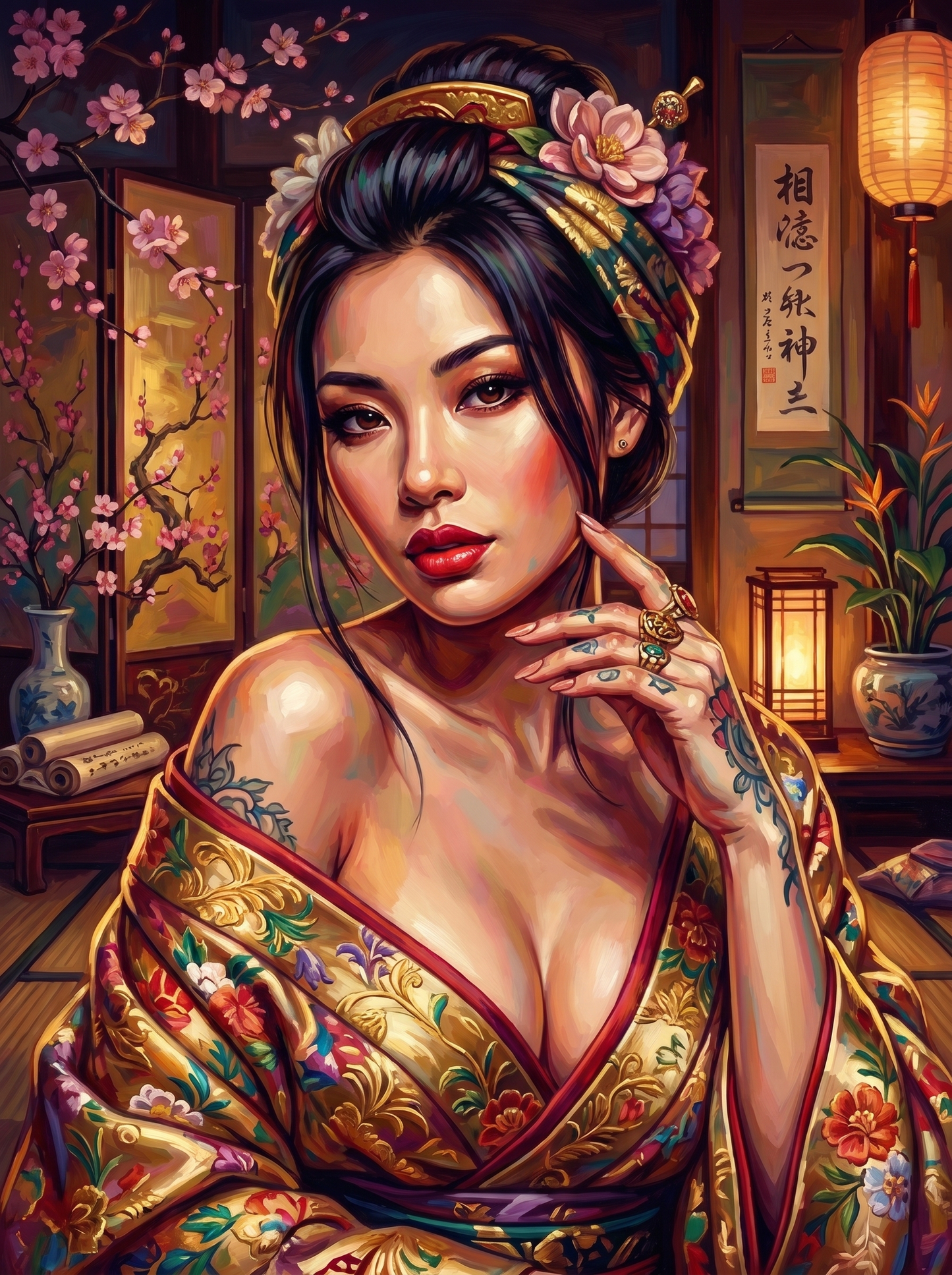 Samurai Woman Golden Kimono Lantern (150 Color Diamond Painting)