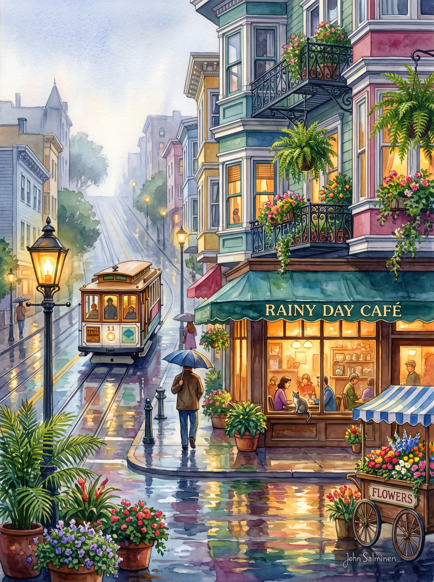 San Francisco Cable Car Rainy Café