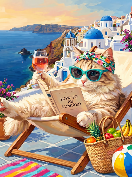 Santorini Cat Vacation (100 Color Diamond Painting) Diamond Painting kit