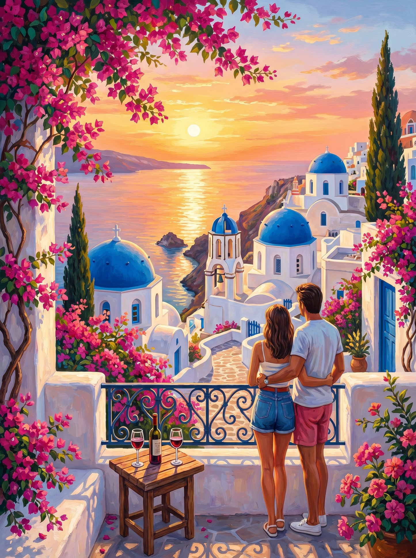 Santorini Terrace Couple Sunset (150 Color Diamond Painting)